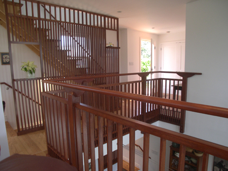 Living room looking over the opening to the dining/kitchen below