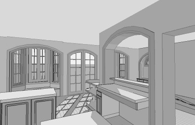 Computer generated 3D sketch of a kitchen and breakfast area 